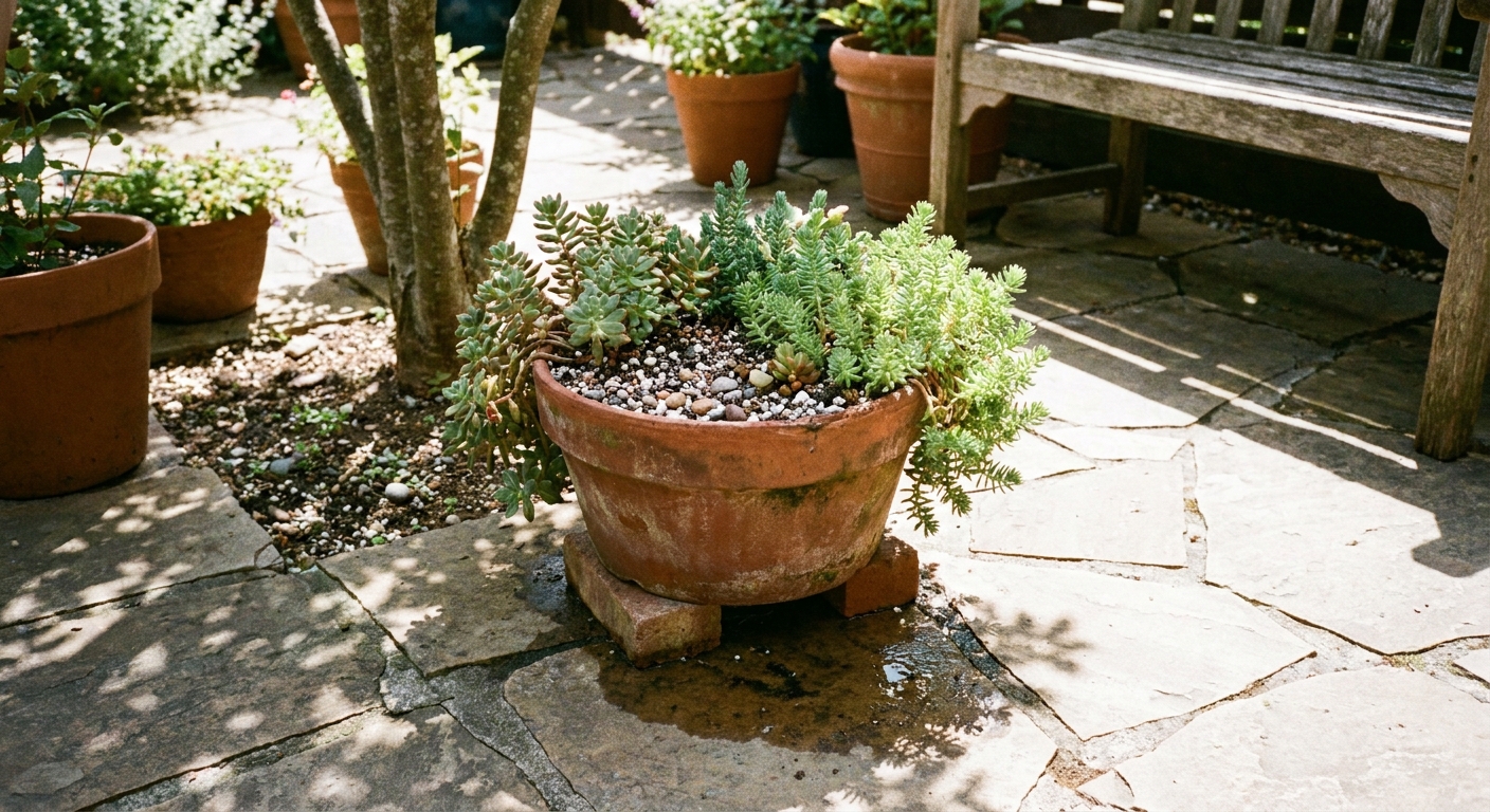 A real photograph of sedum growing in a terracotta pot on a sunny patio, with gritty soil visible at the surface and drainage hole setup implied