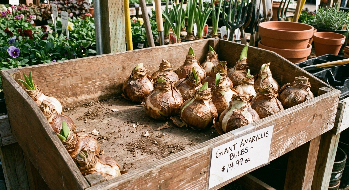 A real photograph of several firm amaryllis bulbs with papery skins displayed in a garden center bin