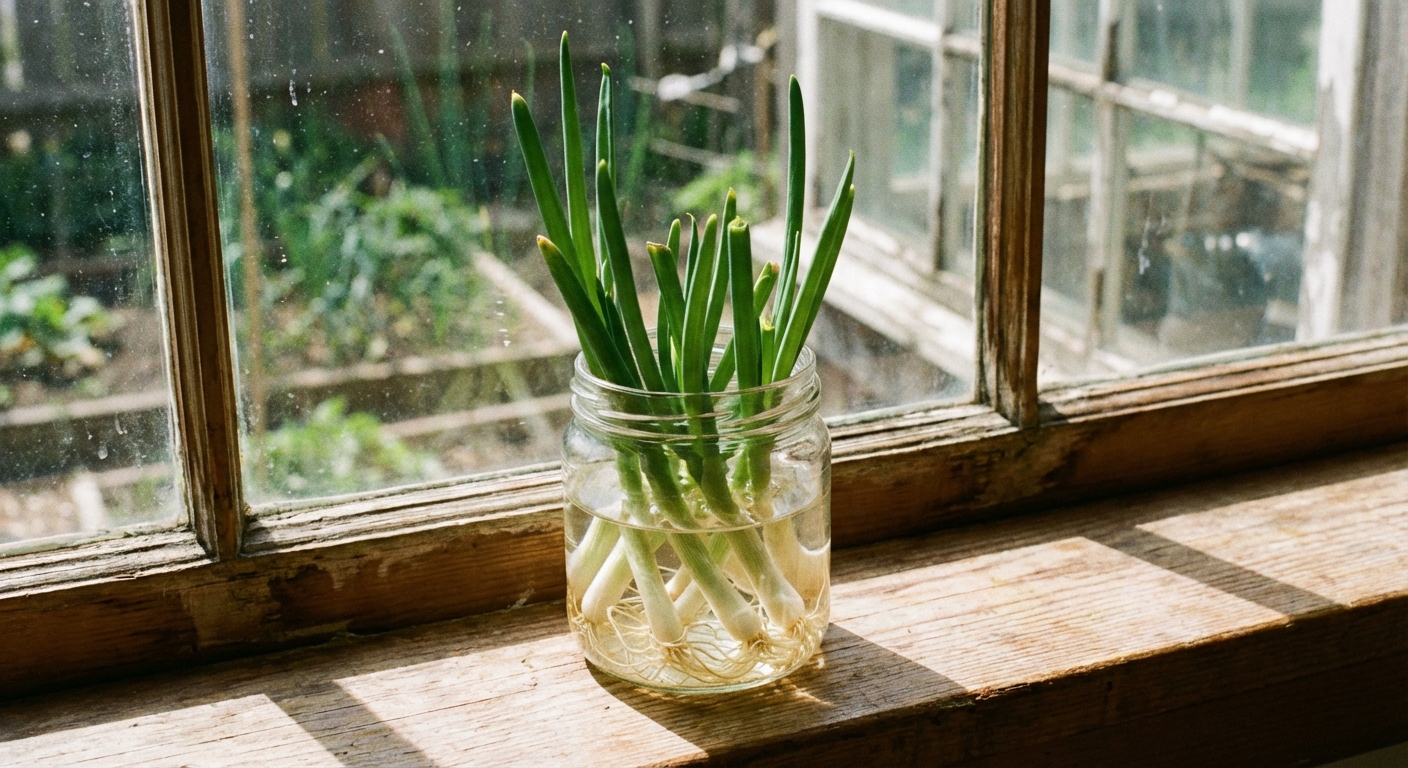 A real photograph of several green onion root ends standing upright in a clear glass jar with shallow water, placed on a bright windowsill