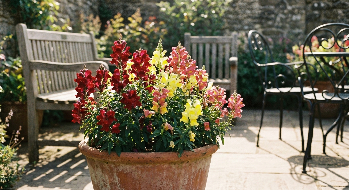 A real photograph of snapdragons blooming in a terracotta container on a sunny patio, with soft-focus garden furniture in the background