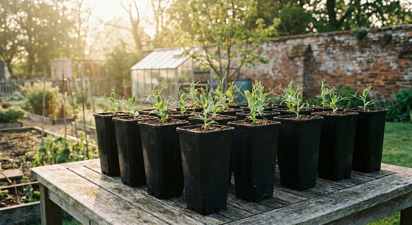 A real photograph of sweet pea seedlings growing in tall deep root trainer pots on an outdoor table during hardening off, with soft morning light