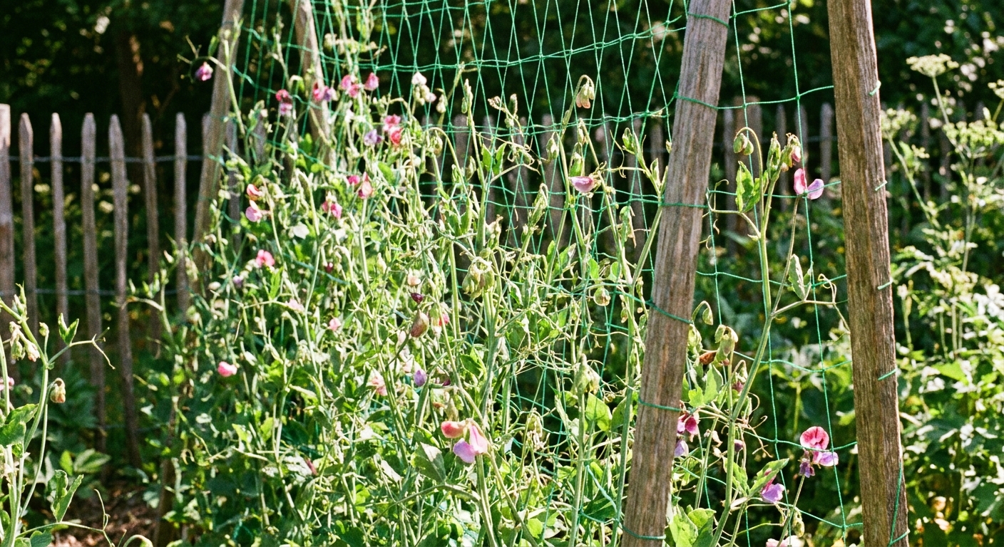 A real photograph of sweet pea vines climbing upward on green garden netting attached to wooden stakes, with buds forming along the stems