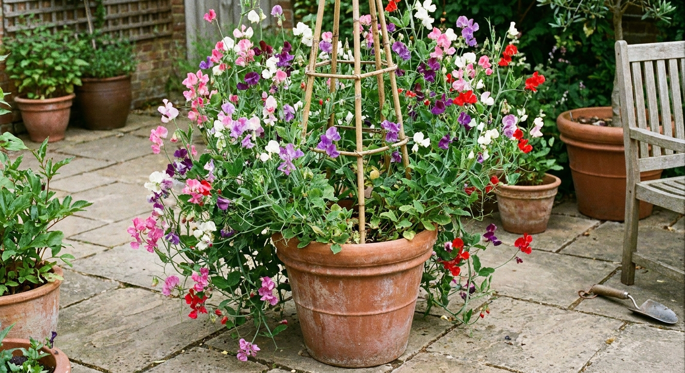 A real photograph of sweet pea vines growing in a large terracotta pot on a patio, climbing a simple bamboo teepee with several blooms open