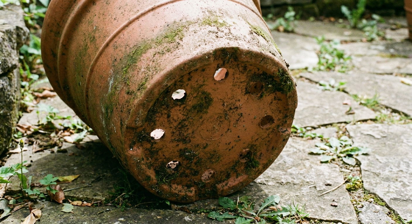A real photograph of the bottom of a large terracotta planter tipped slightly to show multiple drainage holes, outdoors on a stone patio