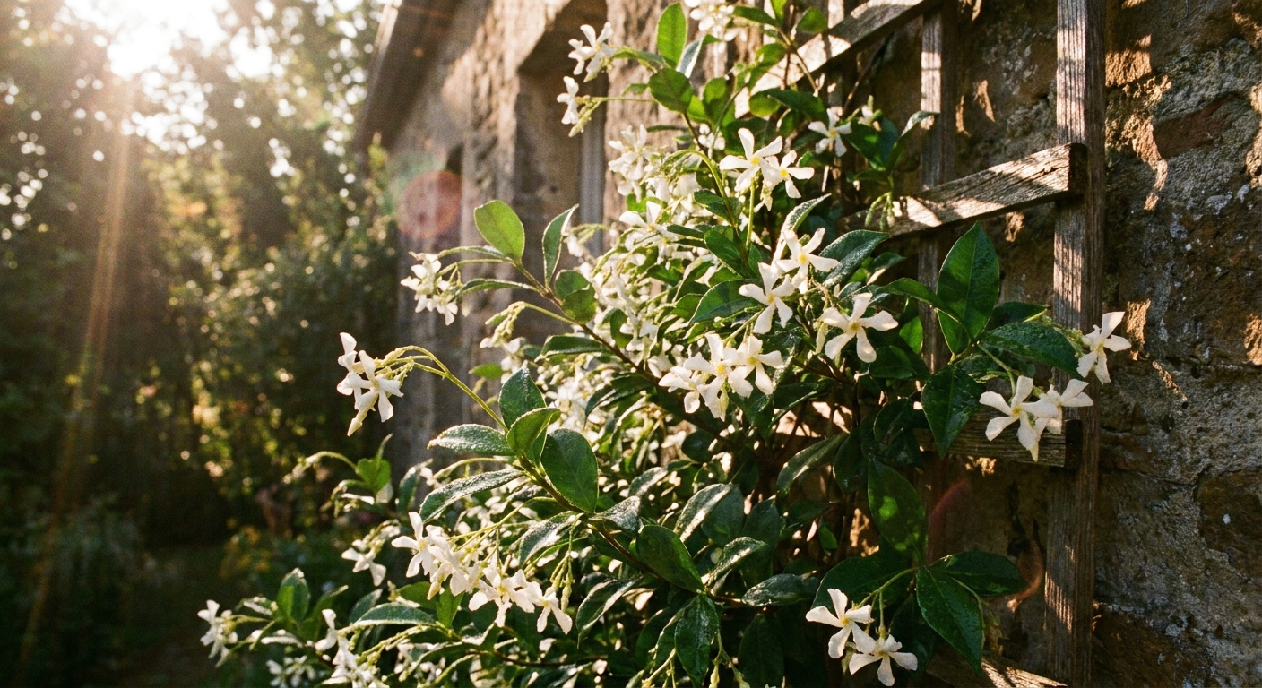 A real photograph of white, pinwheel-shaped star jasmine flowers and glossy green leaves lit by bright morning sunlight
