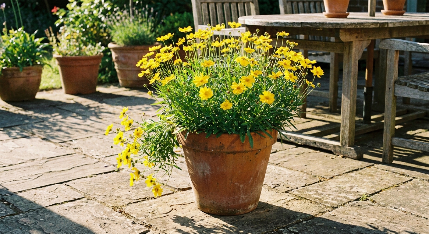 A real photograph of yellow coreopsis blooming in a terracotta pot on a sunny patio, with green foliage spilling neatly over the rim