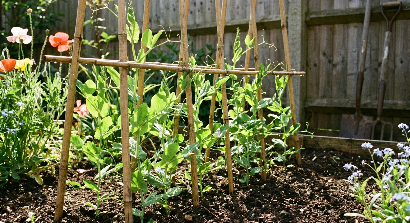 A real photograph of young sweet pea seedlings with bright green leaves beginning to twine up a small bamboo trellis in a sunny spring garden bed