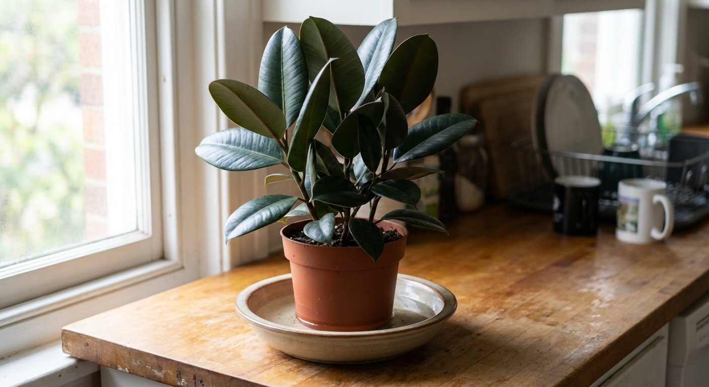 A real rubber plant in a nursery pot sitting in a shallow bowl of water on a kitchen counter, soaking from the bottom, soft daylight, photorealistic