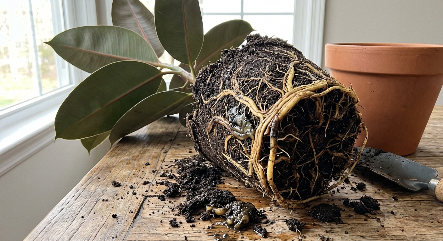 A real rubber plant removed from its pot on a wooden table, showing exposed roots with some dark mushy sections and some healthy pale roots, indoor natural light, photorealistic