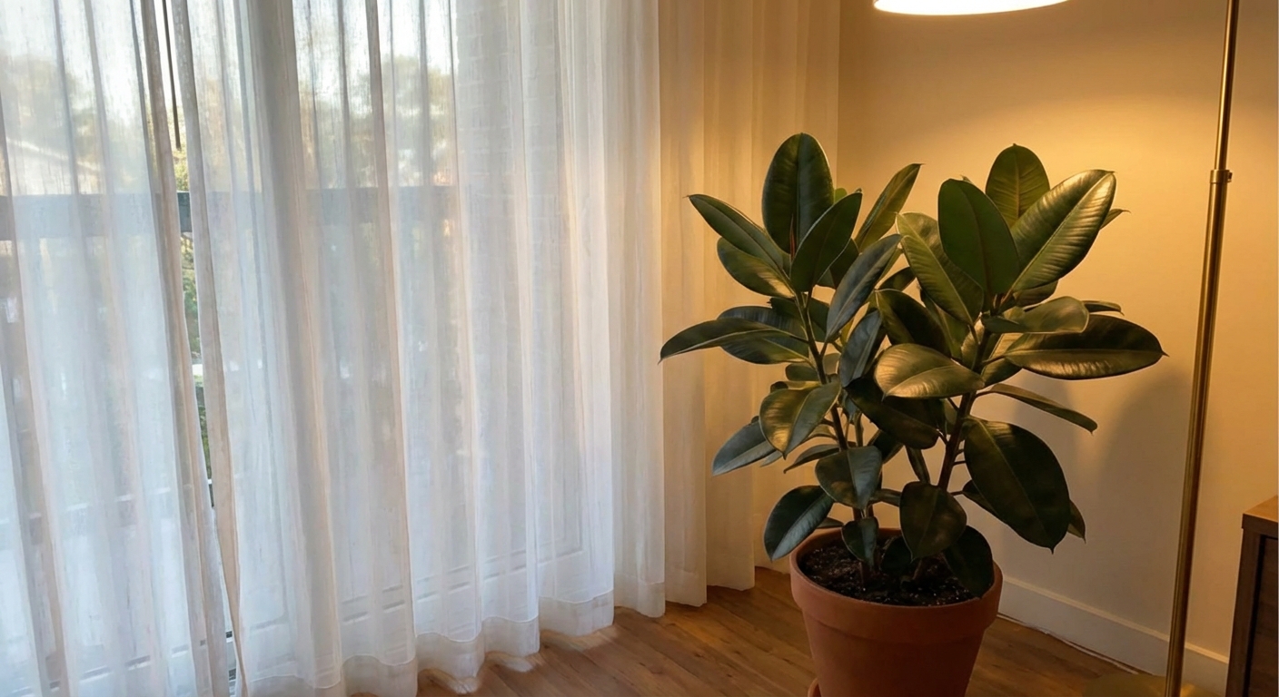 A real rubber plant with glossy leaves placed a few feet from a bright window with sheer curtains, warm indoor light, photorealistic