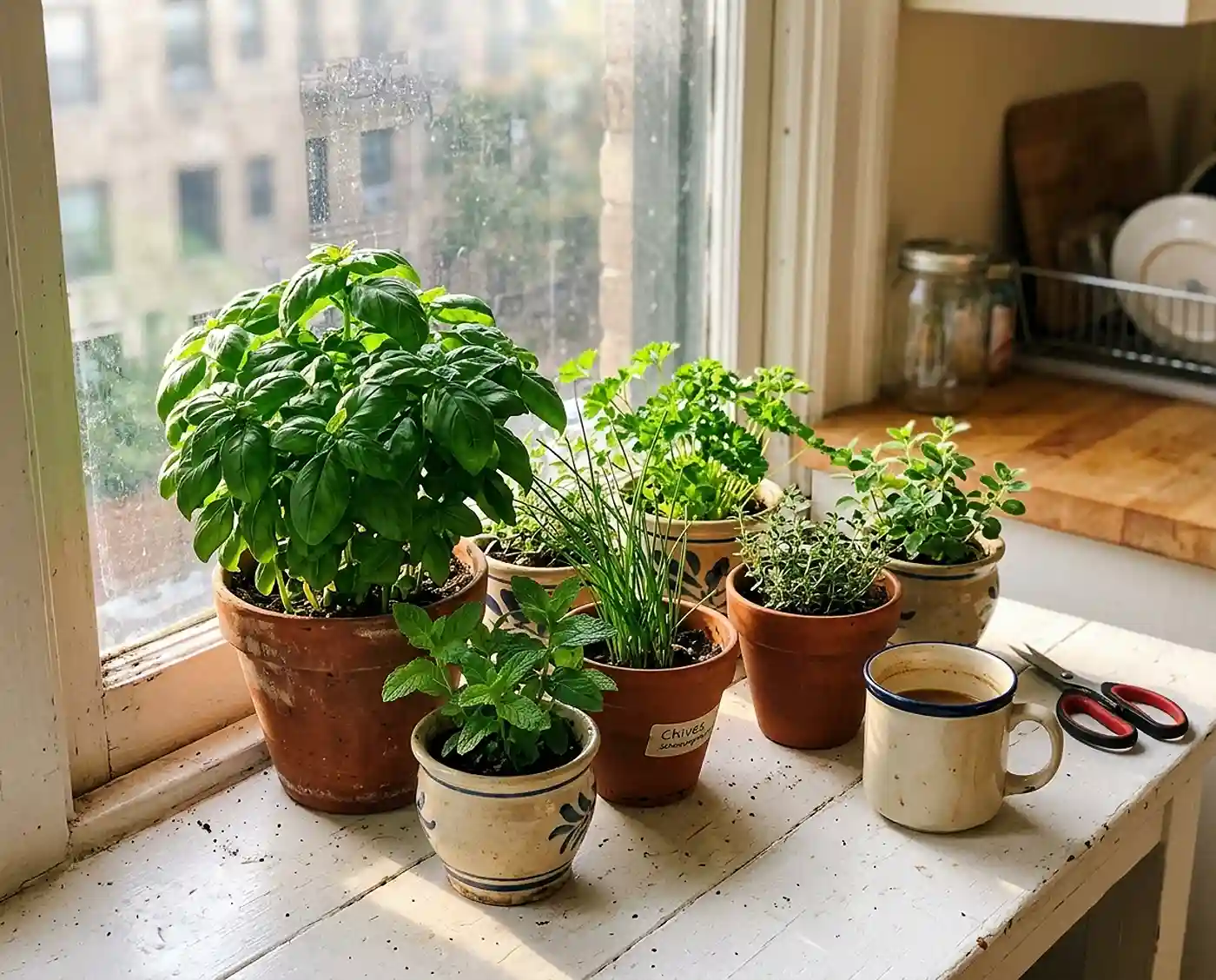 A real sunny patio table with potted mint and basil plants in terracotta pots, outdoor lifestyle photo