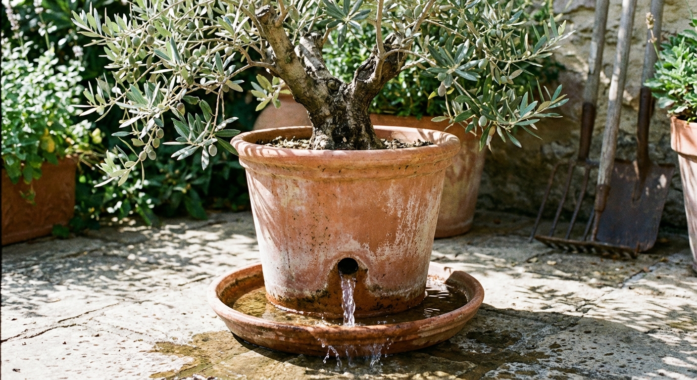 A real terracotta pot with an olive tree and visible drainage hole at the bottom as water drains into a saucer