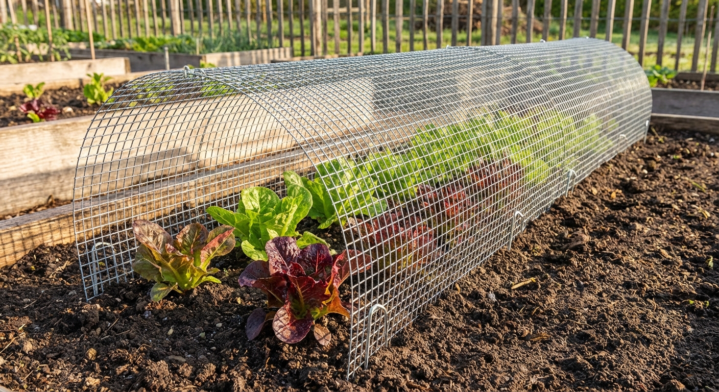 A real vegetable bed with young lettuce plants protected under a cylindrical hardware cloth cloche, secured with landscape staples, bright morning light, photorealistic