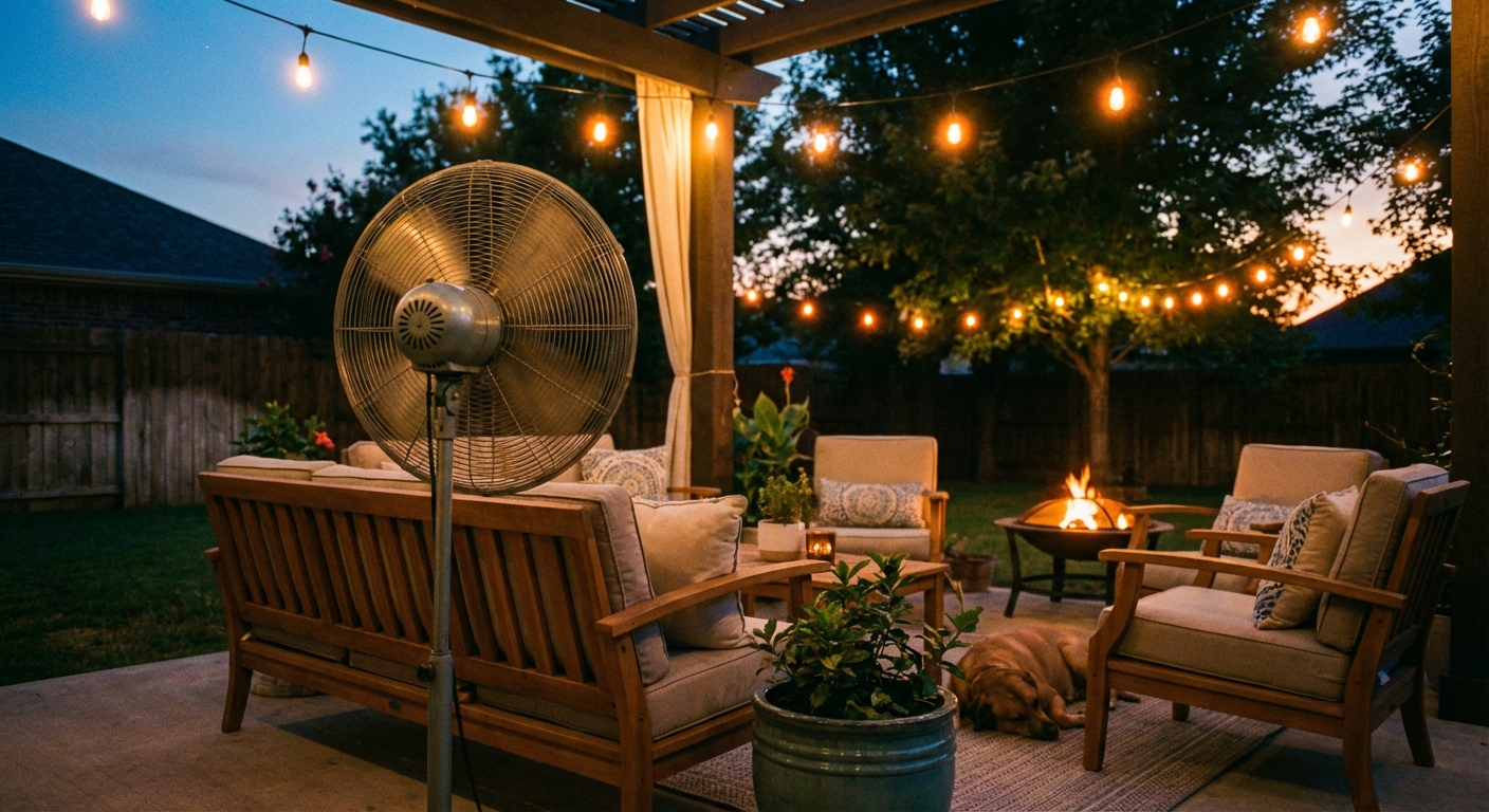 A realistic backyard patio with a pedestal fan blowing toward a seating area at dusk, warm string lights in the background