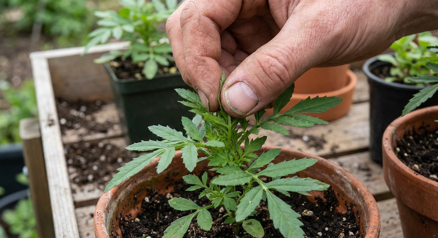 A realistic close-up photo of a gardener pinching the top growth of a young marigold plant with two fingers, the plant in a small pot outdoors, soft natural light