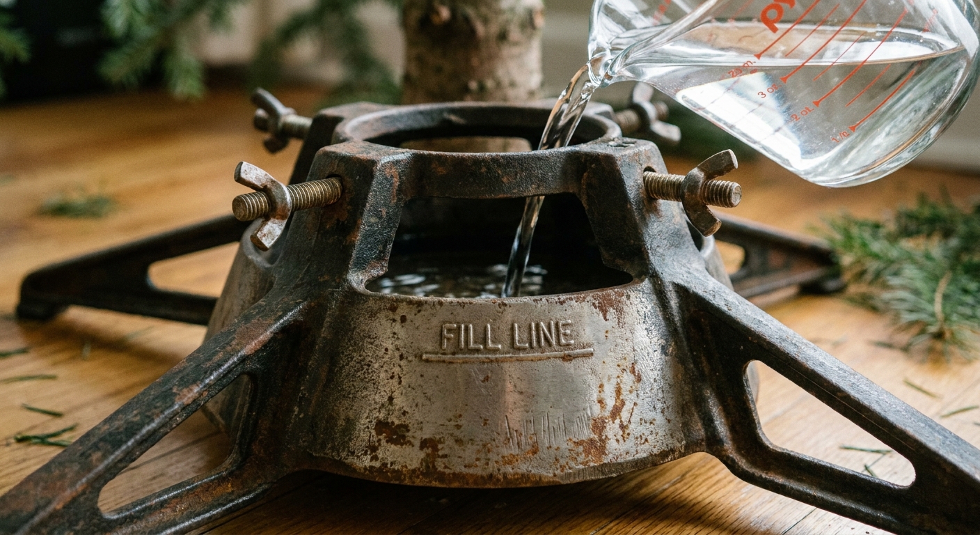 A realistic close-up photo of a metal Christmas tree stand with bolts and a visible water reservoir being filled with water from a measuring pitcher