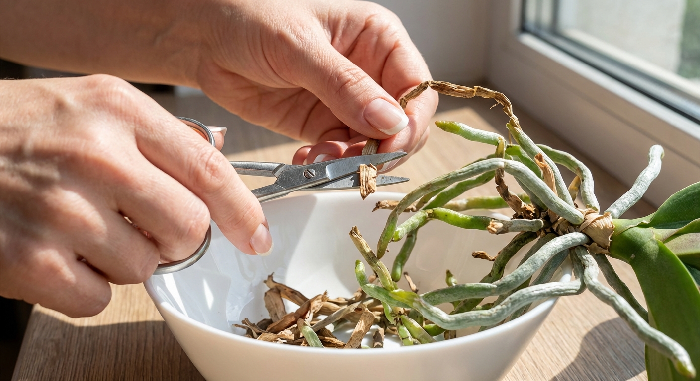 A realistic close-up photo of clean hands trimming dead orchid roots with sterilized scissors over a bowl, with healthy green and silvery roots visible under bright natural light
