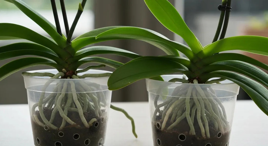 A realistic close-up photograph of a Phalaenopsis orchid in a clear plastic pot with chunky bark, showing plump green and silvery roots pressed against the pot wall