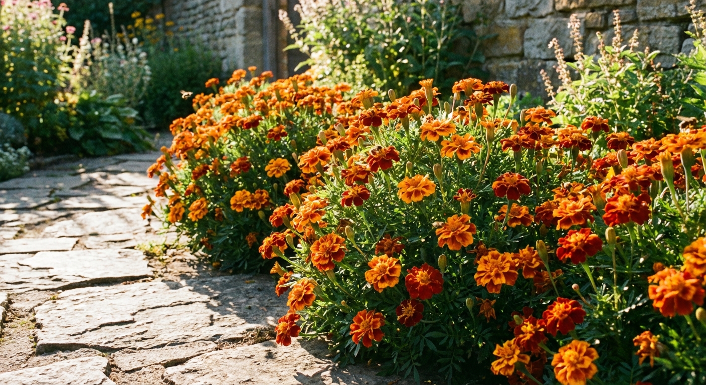 A realistic garden photo of compact French marigold plants with bicolor orange and red blooms growing along a stone path in bright afternoon sun