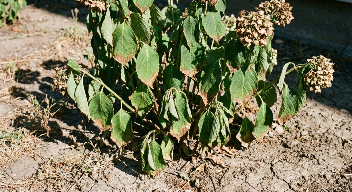 A realistic garden photograph of a hydrangea shrub with leaves visibly drooping and curling downward in dry soil on a hot day, with some leaves showing brown tips