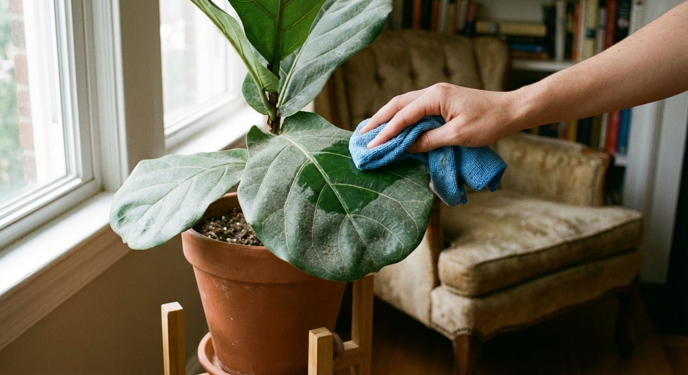A realistic indoor photo of a fiddle leaf fig leaf being gently wiped with a damp microfiber cloth, showing a slightly dusty surface in soft window light