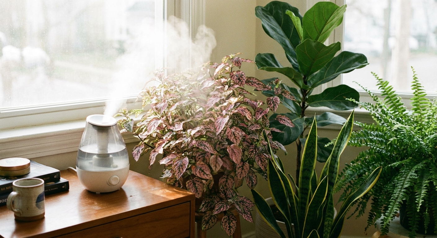 A realistic indoor photo of a small cool-mist humidifier running on a side table near a cluster of houseplants, including a polka dot plant, in soft natural light