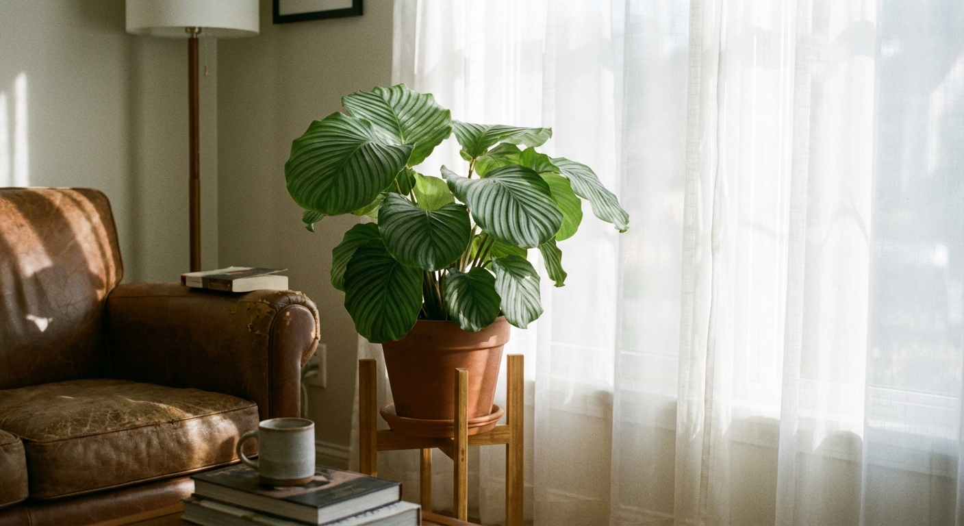 A realistic indoor photograph of a calathea placed a few feet from a window with a sheer curtain, soft filtered daylight illuminating the leaves