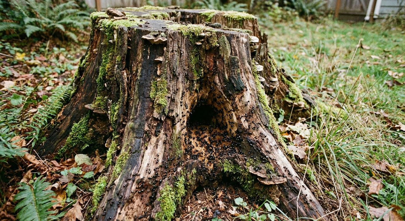 A realistic outdoor photo of a rotting tree stump in a backyard with visible ant activity around a hollowed section of wood