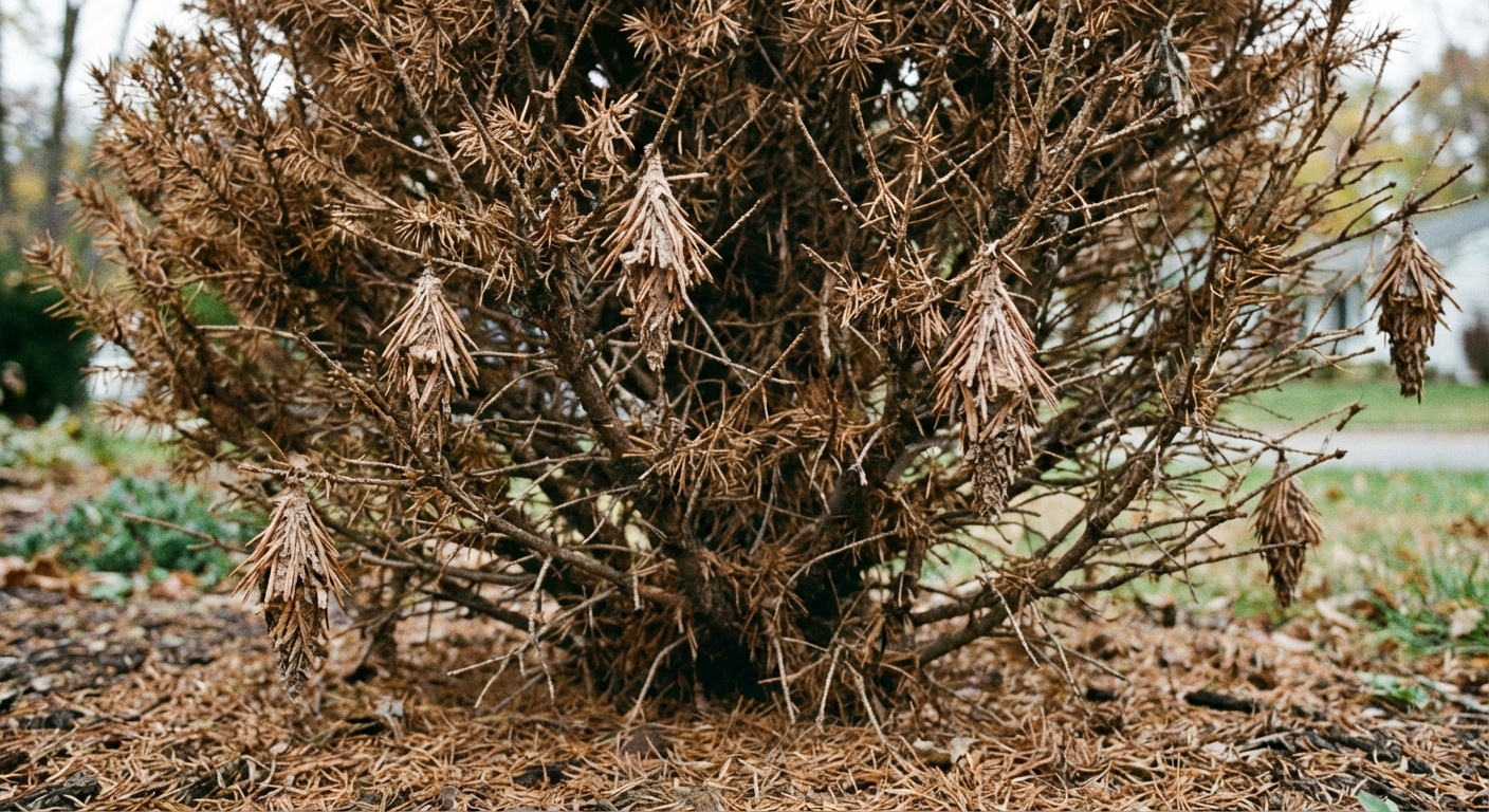 A realistic outdoor photograph of an evergreen shrub with extensive browning and bare branches, with a few remaining bagworm cases visible hanging near the damaged areas