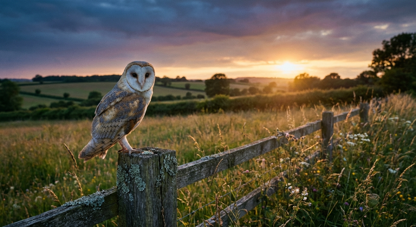 A realistic photo of a barn owl perched on a wooden fence post at dusk overlooking a grassy field edge, soft natural light