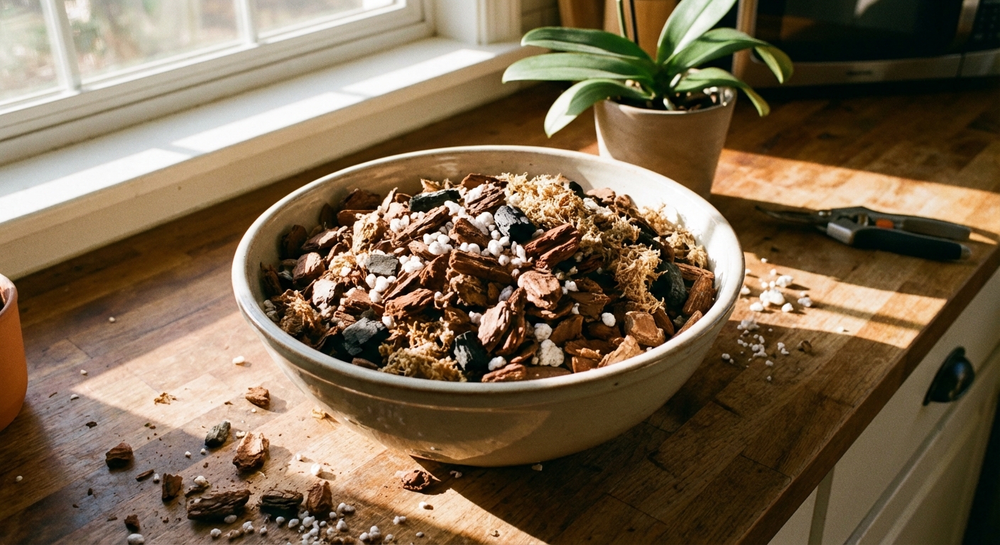 A realistic photo of a bowl filled with chunky orchid bark mix on a kitchen counter, with pieces of bark and perlite visible and warm natural light coming from the side