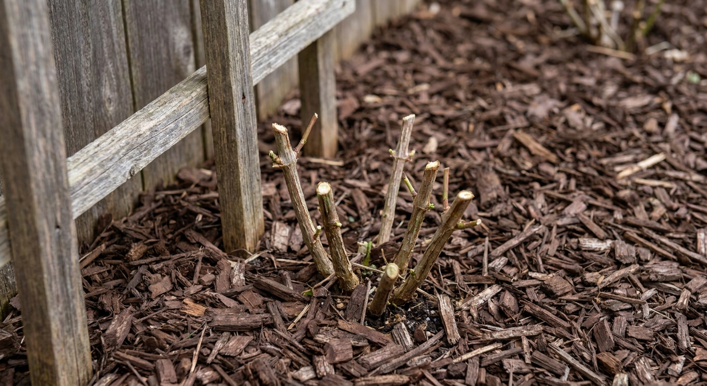A realistic photo of a clematis plant cut back to short stems near the soil line beside a trellis, with fresh mulch around the base
