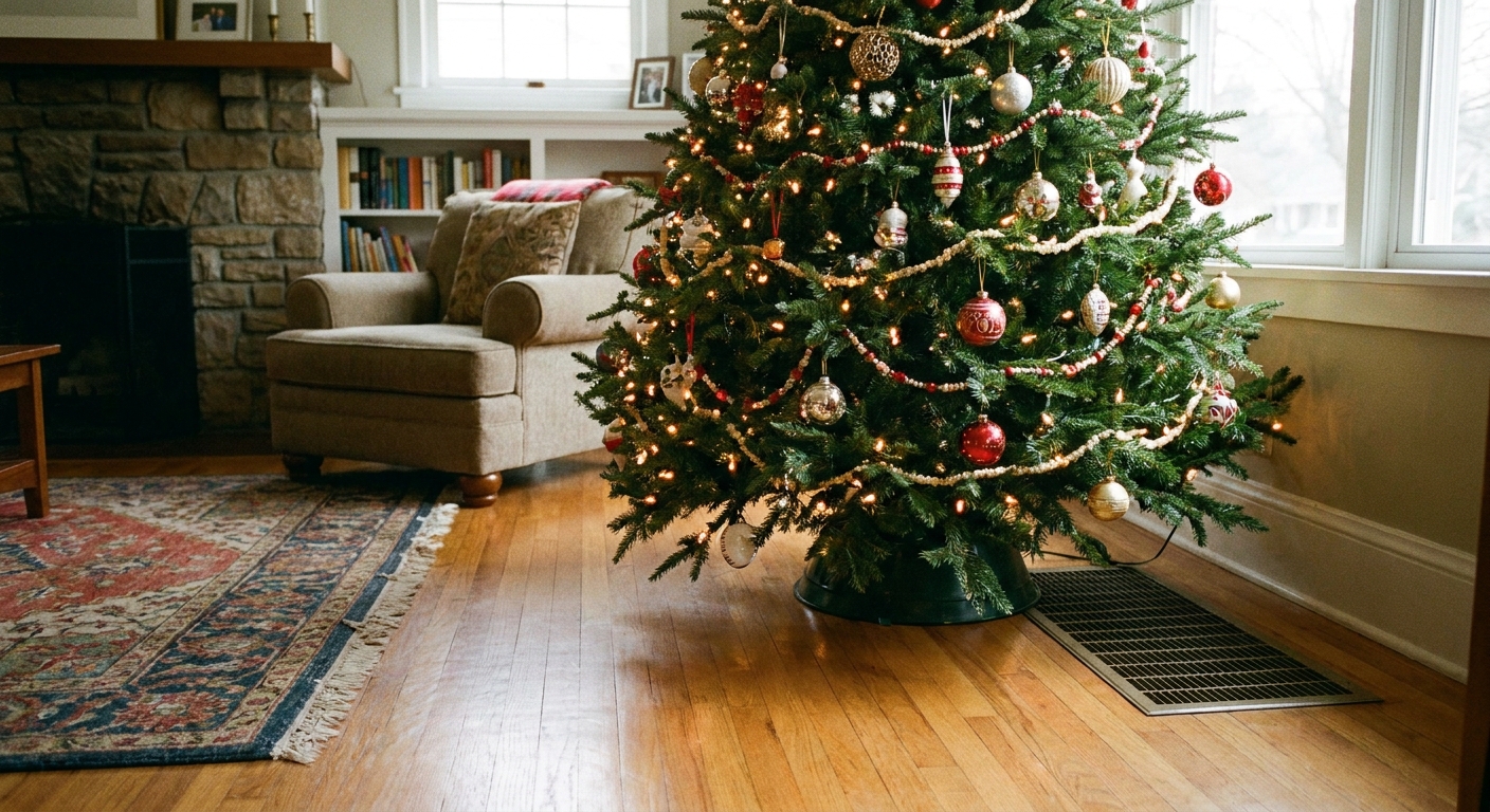 A realistic photo of a decorated Christmas tree positioned several feet away from a floor heating vent in a cozy living room, with clear space around the base