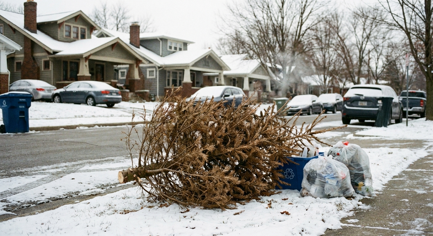A realistic photo of a discarded Christmas tree placed at the curb for municipal pickup on a winter morning, no decorations, residential street in the background