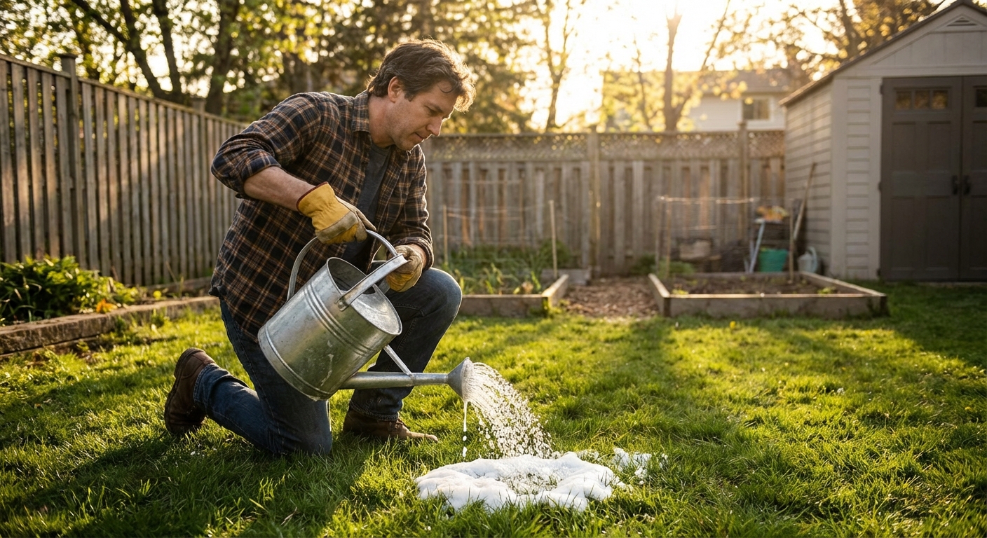 A realistic photo of a gardener pouring a watering can of soapy water onto a small patch of lawn while kneeling nearby with gloves on, early evening backyard scene