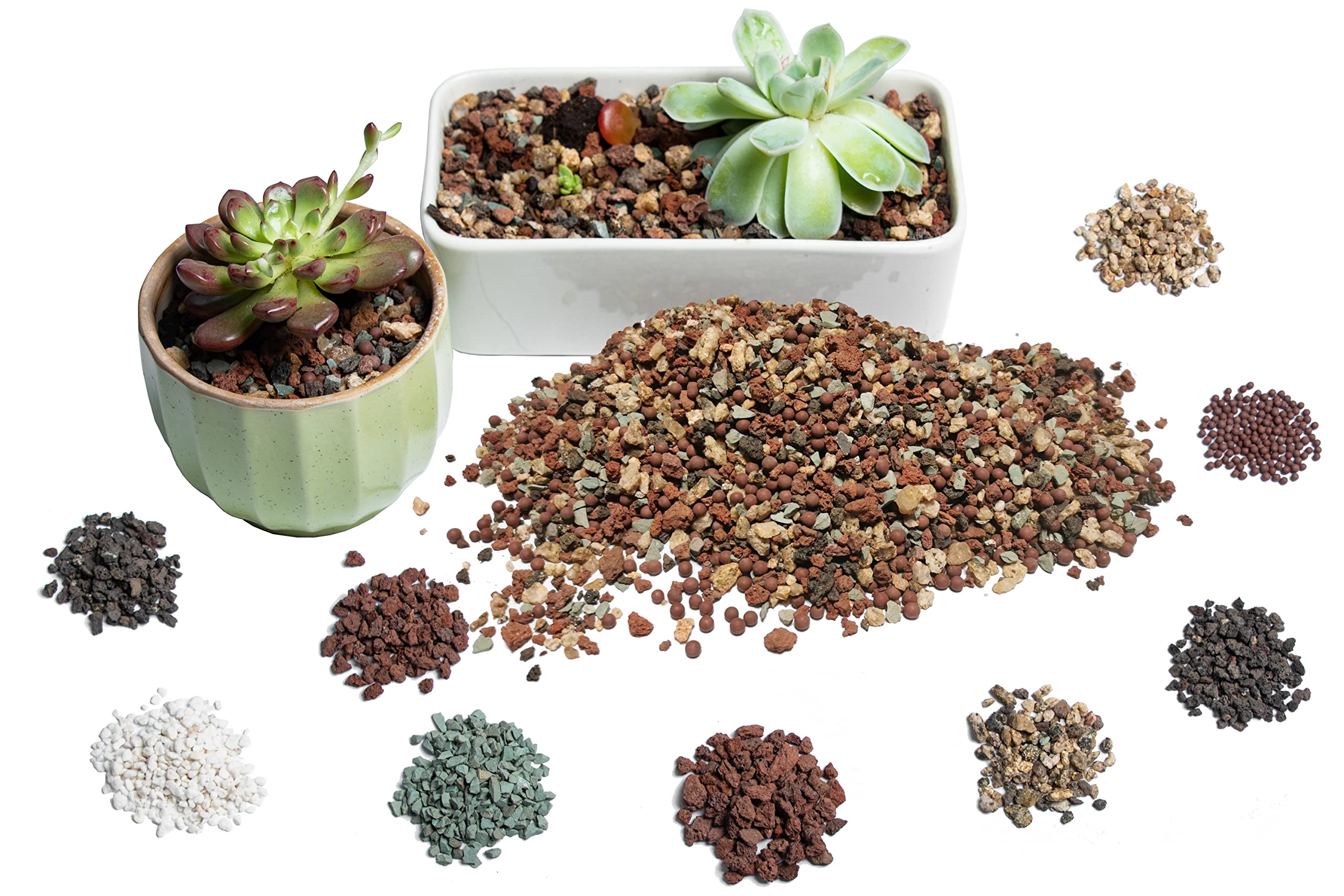 A realistic photo of a gritty cactus soil mix with pumice and lava rock in a shallow potting tray, hands holding a scoop