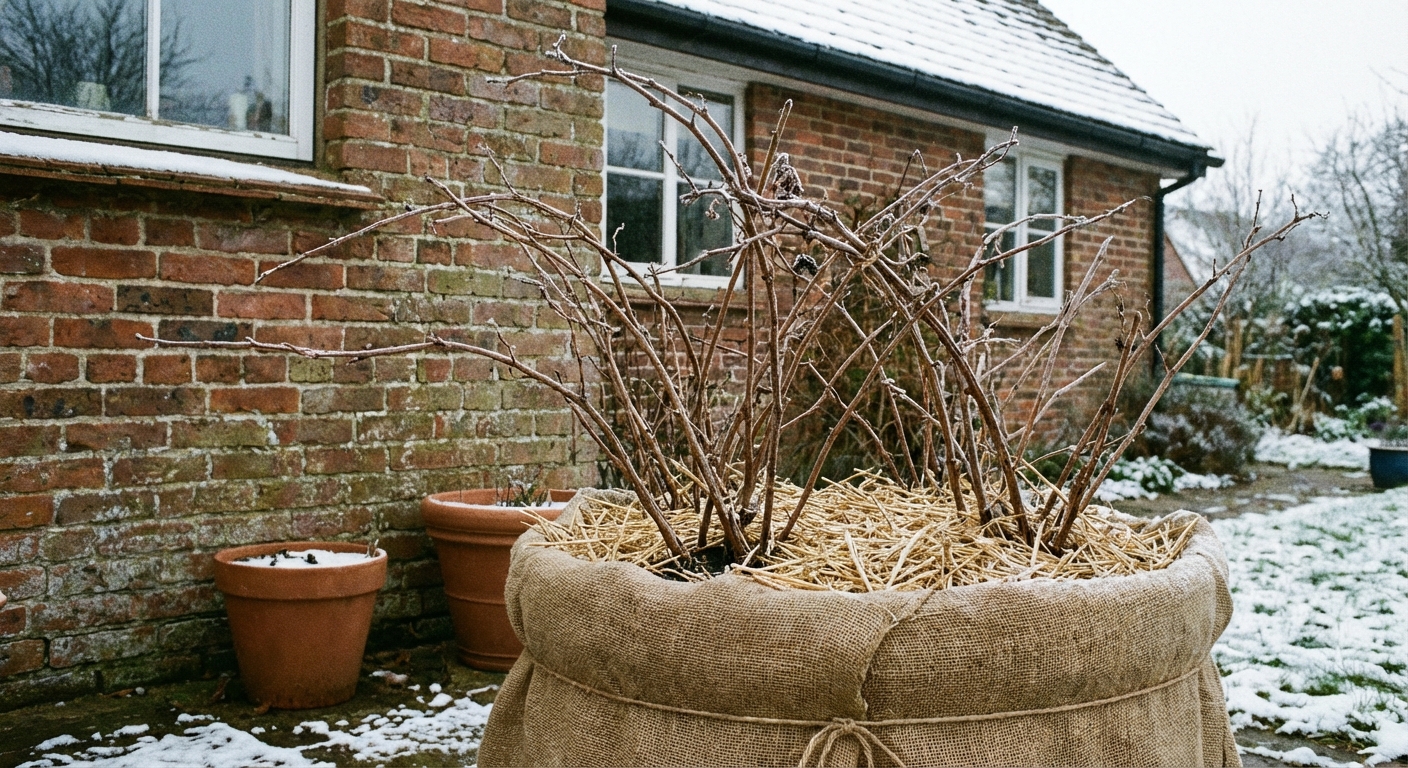 A realistic photo of a large container raspberry plant placed beside a house wall in winter, the pot wrapped in burlap with straw mulch on top, dormant canes visible