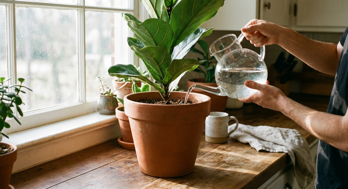 A realistic photo of a person pouring clear filtered water from a glass watering can into a potted houseplant on a kitchen counter in soft daylight