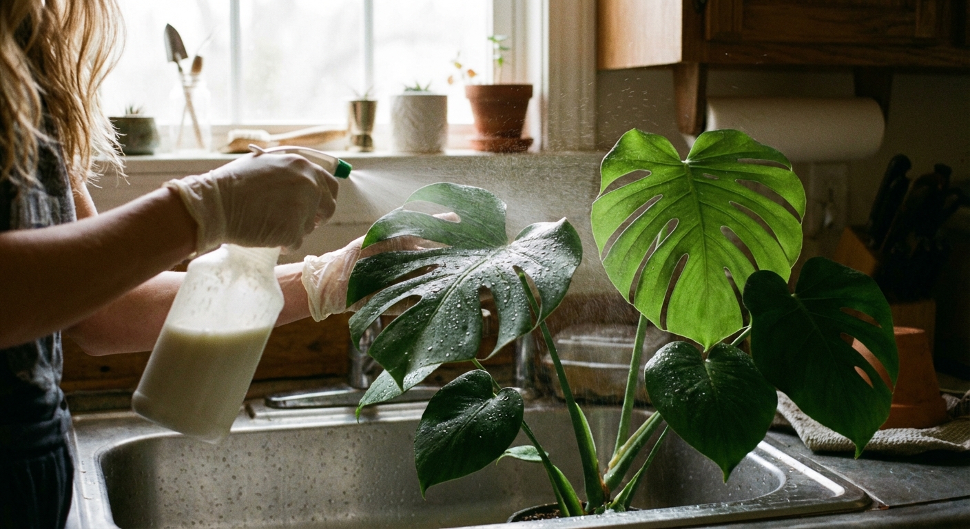 A realistic photo of a person spraying neem oil solution onto the underside of a houseplant leaf in a kitchen sink, with water droplets on the leaves and soft window light in the background