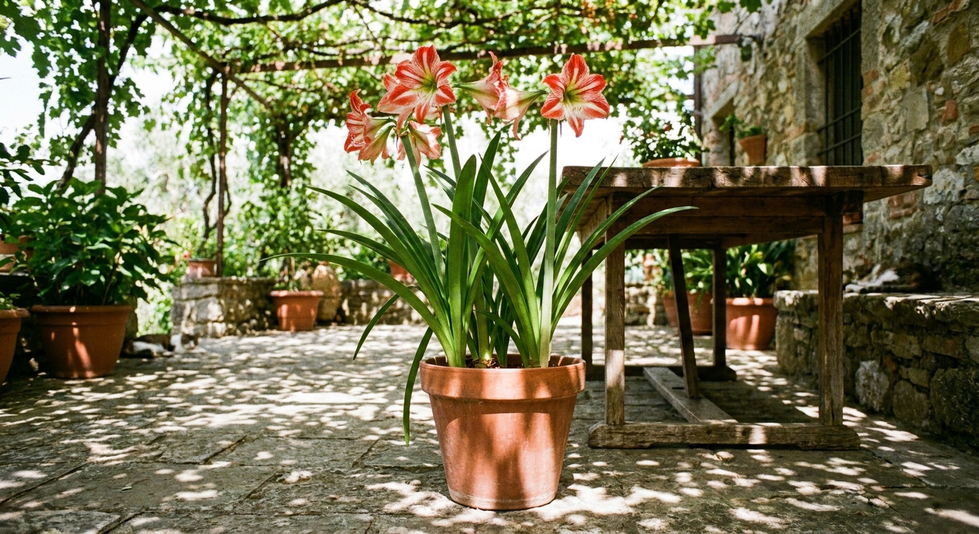 A realistic photo of a potted amaryllis with tall green leaves sitting on a shaded patio outdoors in summer with dappled light