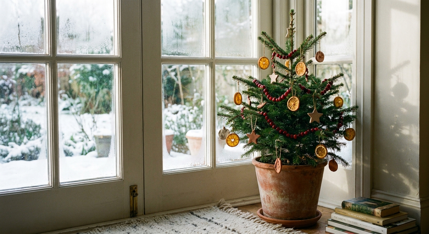 A realistic photo of a small live potted evergreen Christmas tree in a container inside a home, lightly decorated with simple ornaments, placed near a cool window