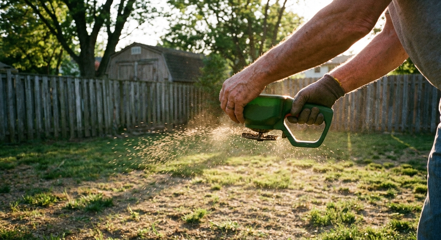 A realistic photo of hands scattering grass seed over a thin patch of lawn with a small handheld spreader, early evening backyard lighting