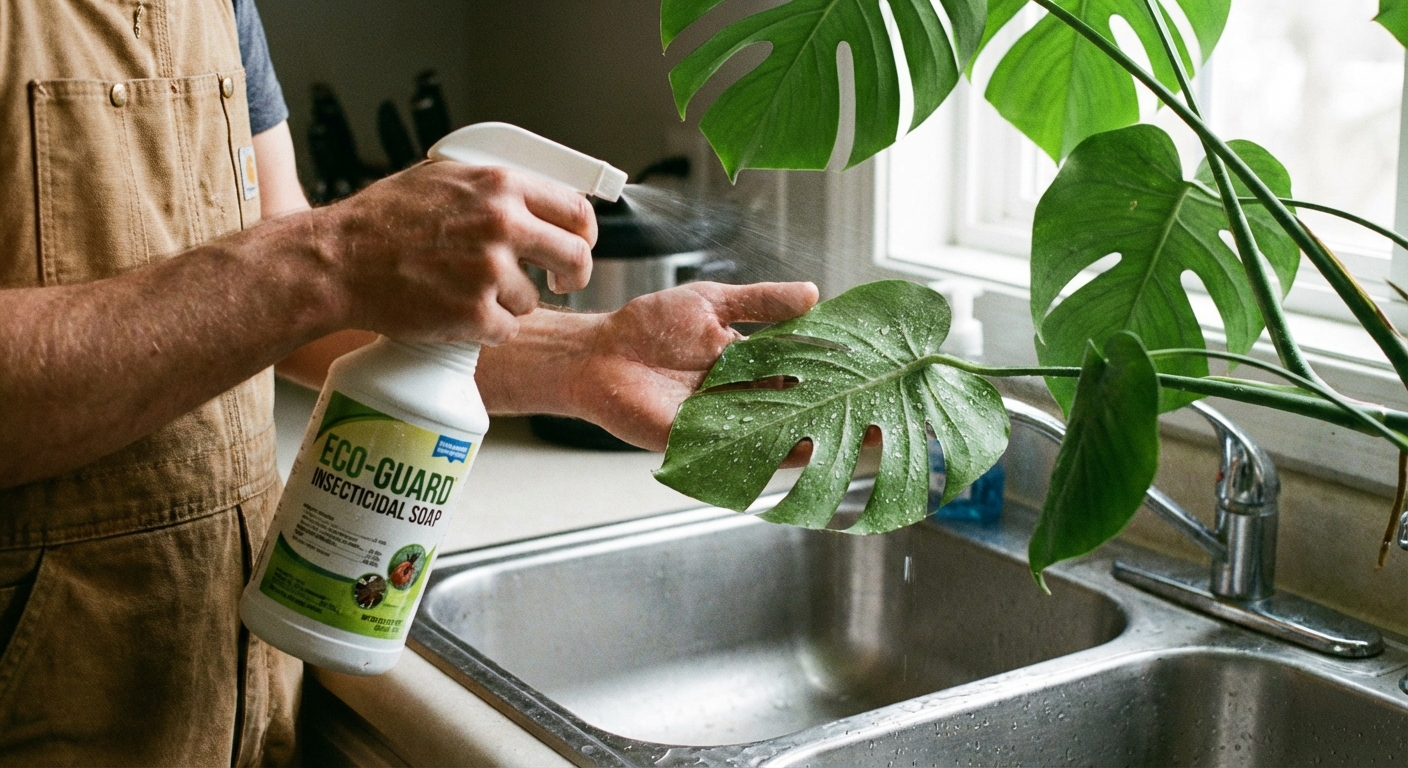 A realistic photo of hands spraying insecticidal soap onto the underside of a houseplant leaf in a kitchen sink, with water droplets visible