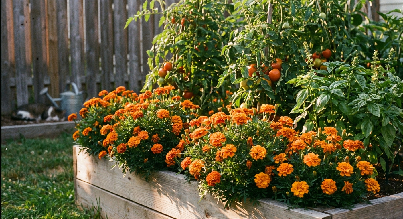 A realistic photo of orange marigolds planted along the edge of a raised vegetable bed with tomato plants and basil behind them, warm evening light
