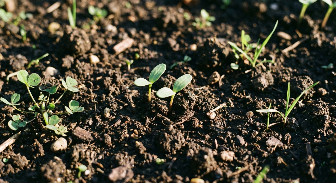 A realistic photo of tiny marigold seedlings emerging in a garden bed with dark soil, a few small weeds nearby, and sunlight casting soft shadows