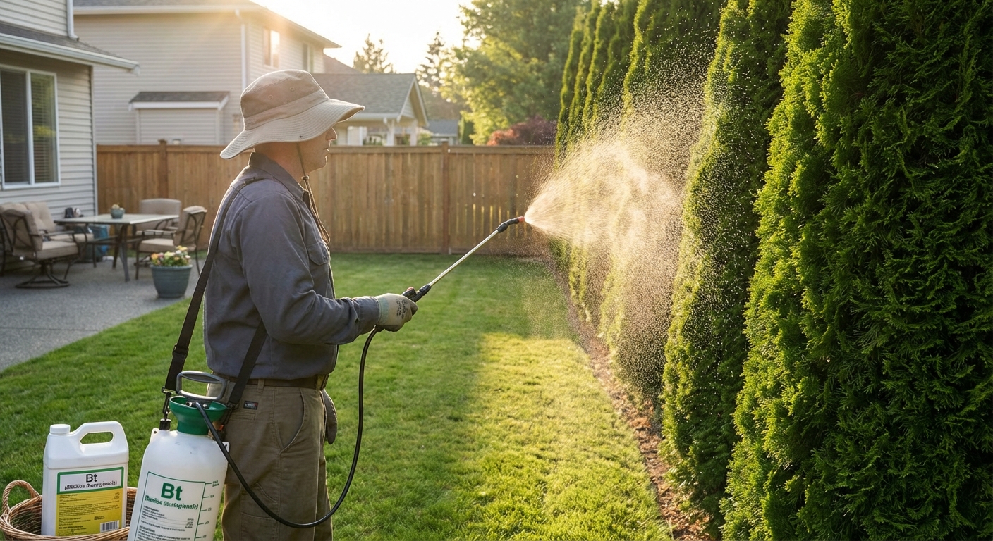 A realistic photograph of a gardener using a pump sprayer to apply Bt solution to an arborvitae hedge, fine mist visible in sunlight, suburban yard setting