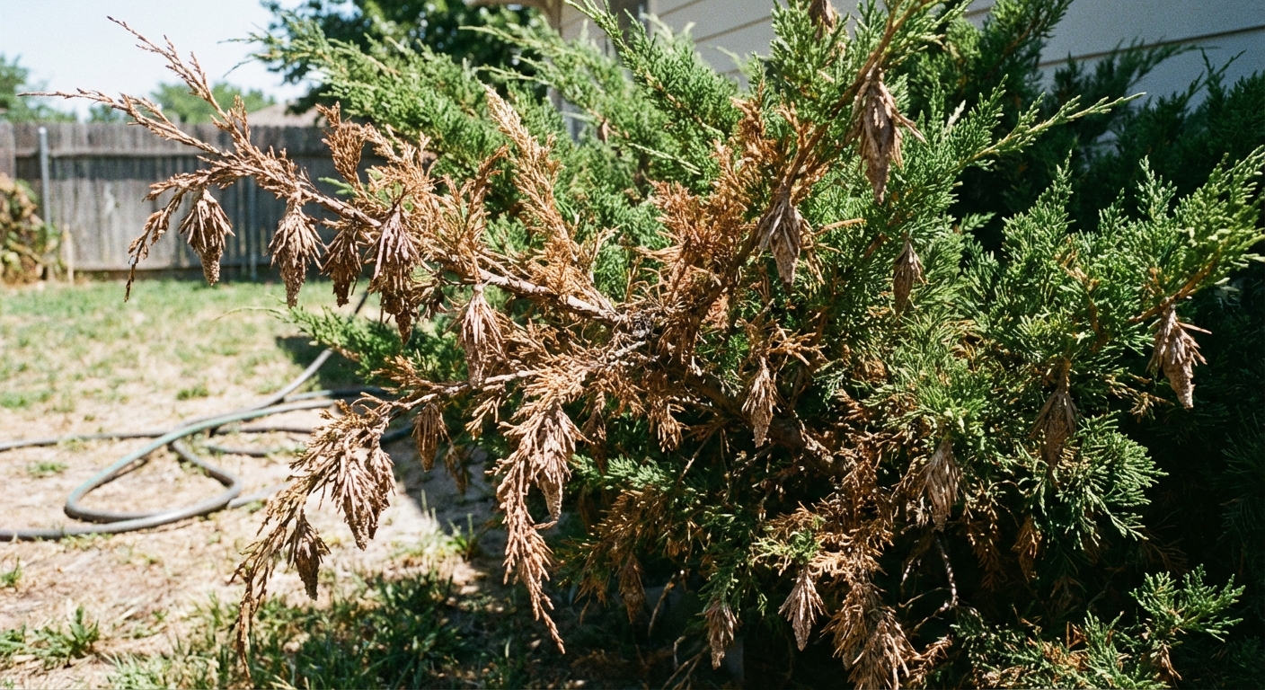 A realistic photograph of a juniper shrub with multiple bagworm cases hanging and patchy browning across several branches in a sunny yard