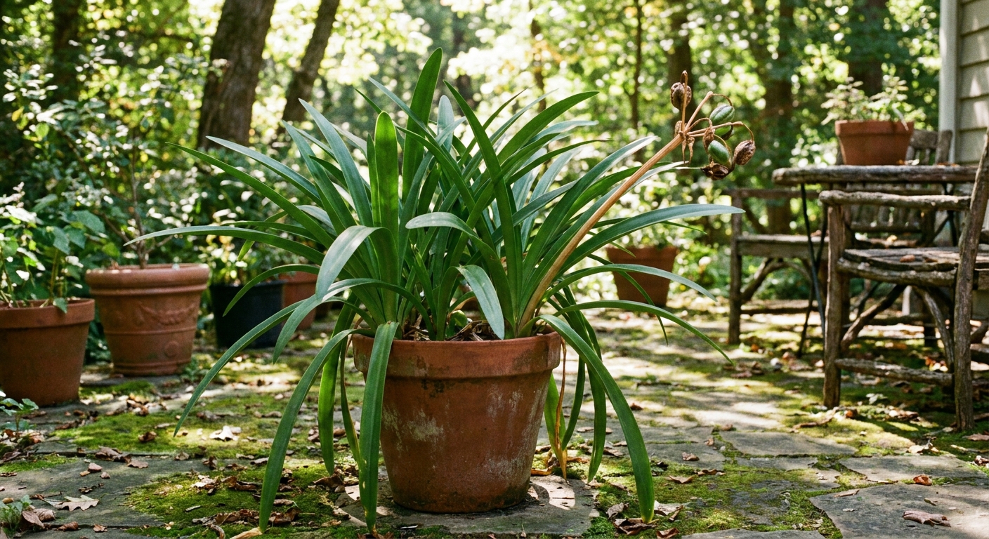 A realistic photograph of an amaryllis plant with long green leaves in a pot sitting in bright shade on a patio, showing post-bloom leaf growth