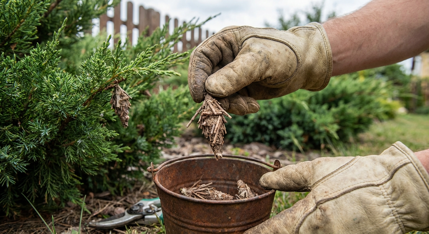 A realistic photograph of gloved hands removing a bagworm case from an evergreen branch and placing it into a small bucket outdoors in daylight