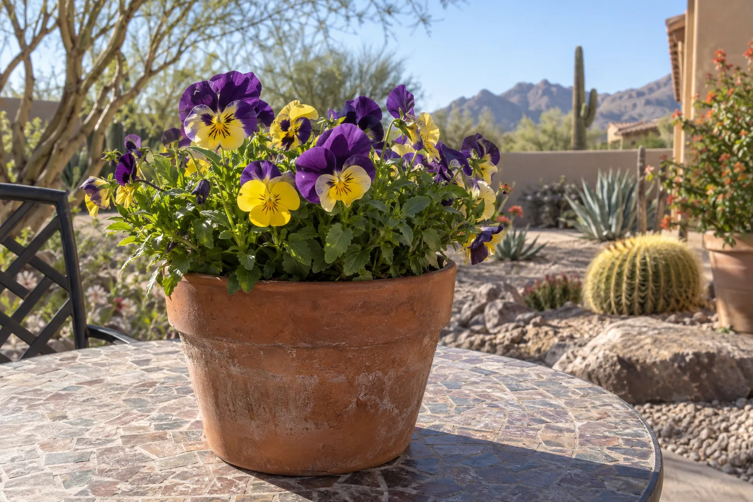 A realistic photograph of purple and yellow violas gently spilling over the rim of a terracotta container on a patio, with green foliage trailing